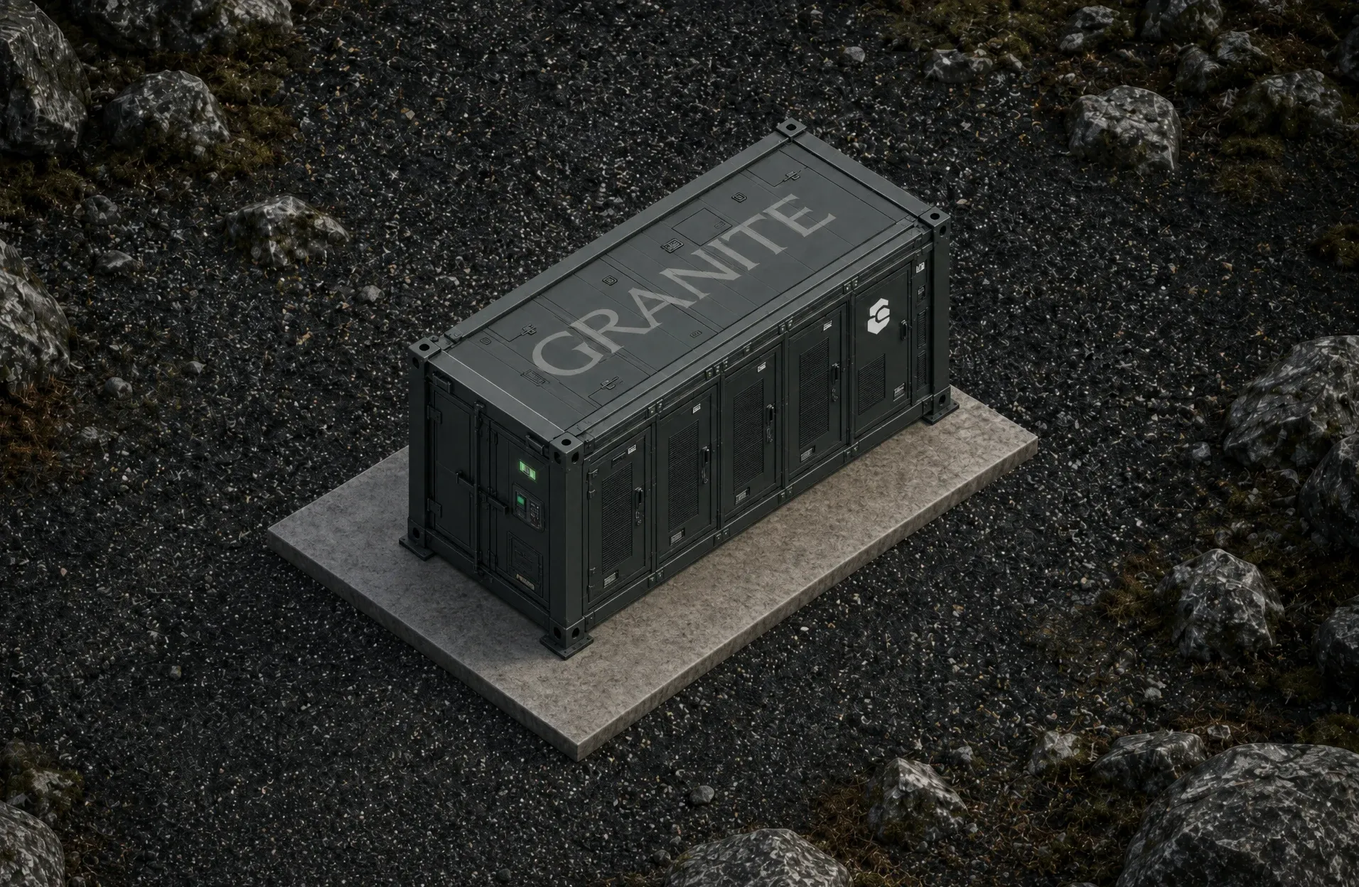 Granite container deployed on a concrete pad in a rocky landscape